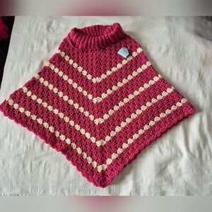 Hand Crafted Dusty Rose with cream stripe cowl neck poncho NEW